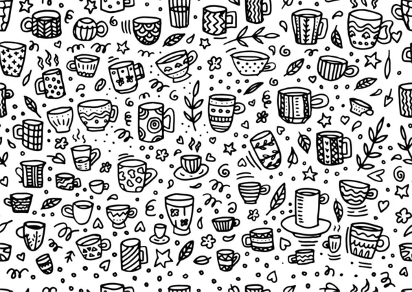 Illustrazione Scarabocchiare Tazza Nera Caffè Lineart Modello Senza Cuciture Sfondo — Vettoriale Stock