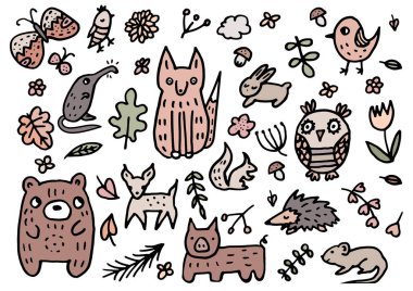 doodle sevimli orman hayvan: kelebek, kuş, baykuş, desman, tilki, ayı, fare, sıçan, kirpi, geyik, karaca, yaban domuzu, tavşan, tavşan
