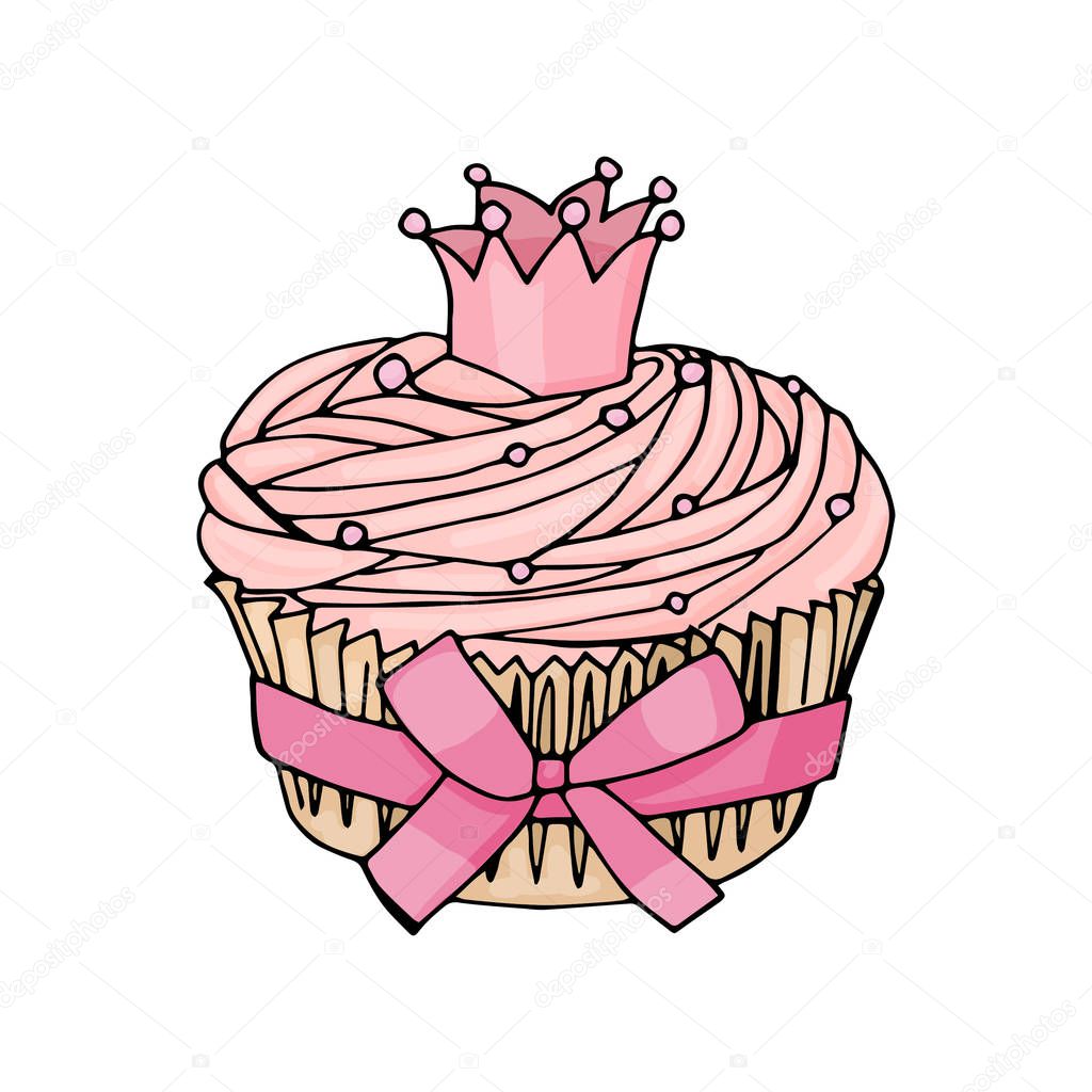 Pink cupcake with crown and pink bow