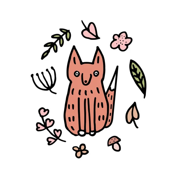 Φθινόπωρο Κάρτα Χαριτωμένο Αλεπού Έχει Σχεδιαστεί Στυλ Σκίτσο Γύρω Από — Διανυσματικό Αρχείο