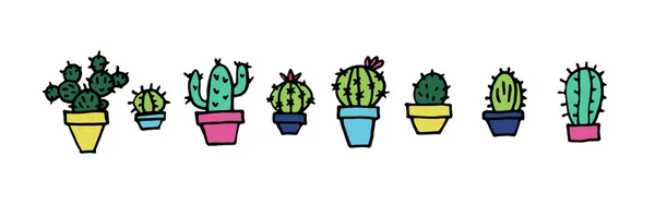Stickers Van Leuke Doodle Cactus Potten Van Felle Kleuren Roze — Stockvector