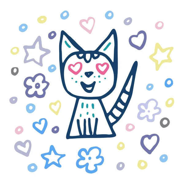 Γάτα Χάρτινη Κάρτα Στην Αγάπη Τις Καρδιές Αστέρι Και Λουλούδια — Διανυσματικό Αρχείο