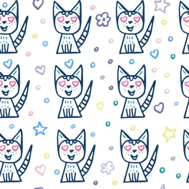 Gözler yerine kalplere aşık bir kediyle kusursuz baskı. Mavi ve pembe renk kediler, çiçek arka plan karşı, nokta ve kalp topları. çocuk için baskı