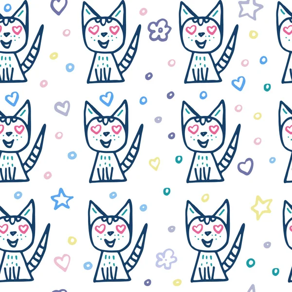 Bezproblémový Tisk Kočkou Zamilovanej Srdcí Místo Očí Kočky Modré Růžové — Stockový vektor