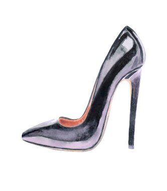 beyaz bir arka plan üzerinde siyah kadın patent deri yüksek topuklu ayakkabı suluboya illüstrasyon