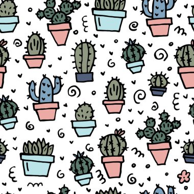 saksı doodle kaktüsler dikişsiz desen