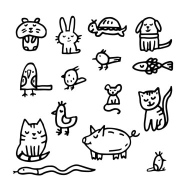 Veterinerlik ve evcil hayvan dükkanı hakkında doodle. kedi, köpek, hamster, papağan, tavşan, domuz, tavşan, balık, yılan, fare, sıçan, kaplumbağa