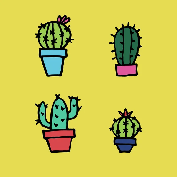 Kaart Met Doodle Cactussen Potten Een Gele Achtergrond — Stockvector