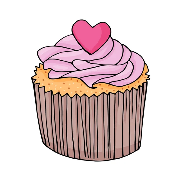 白い背景にピンクのクリームとハートのカップケーキ — ストックベクタ