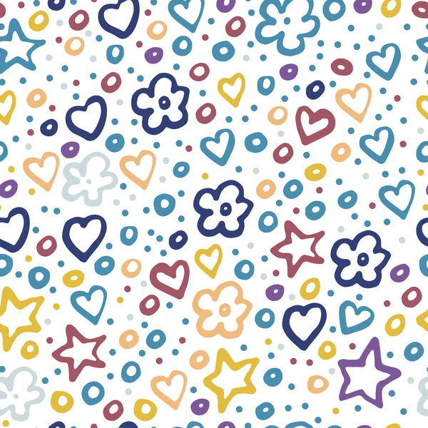 Motif Sans Couture Étoiles Colorées Fleurs Cœurs Lilas Jaune Couleurs — Image vectorielle