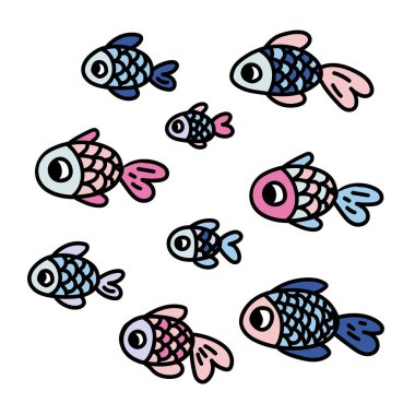 Renkli balık seti. Vektör el çizimi illüstrasyon