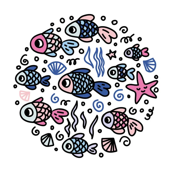 Sevimli Renkli Balıkların Logosu Daire Şeklinde Elle Çizilmiş Vektör Çizimi — Stok Vektör