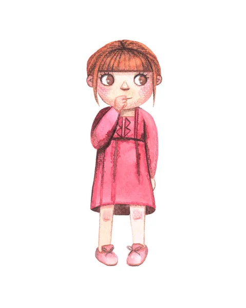Znak Akvarelu Roztomilé Dívka Roky Hnědé Vlasy Hnědé Oči Červených — Stock fotografie