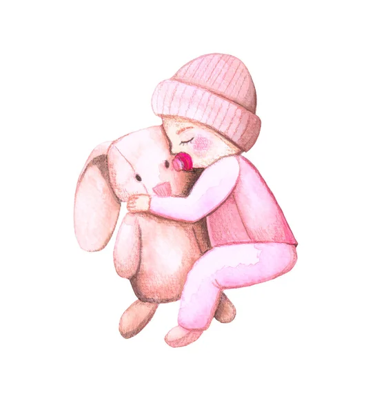 Watercolor Character Cute Newborn Girl Sleeping Toy Rabbit — Stock Photo, Image