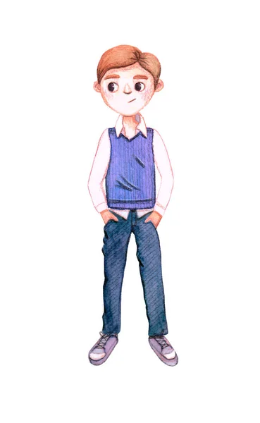 Watercolor Character Cute Teen Boy Schoolboy Blue Jeans White Shirt — Stock Photo, Image