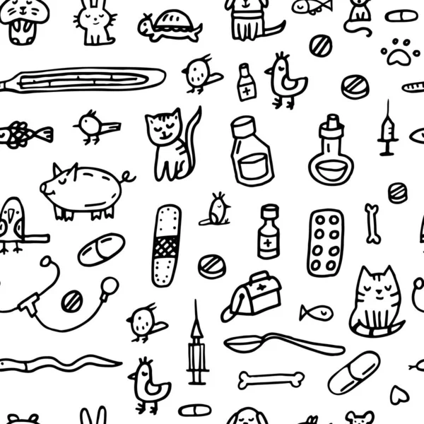 Seamless Pattern Doodle Veterinary Cat Dog Hamster Parrot Rabbit Pig — 스톡 벡터