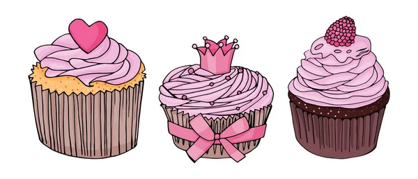 Ensemble Trois Cupcakes Cupcake Crème Rose Rose Coeur Cupcake Couronne — Image vectorielle