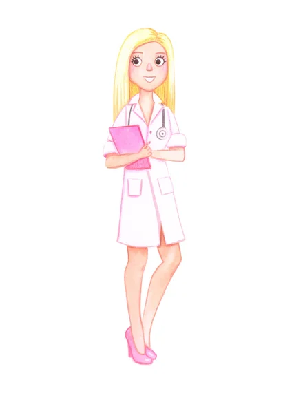 Υδατογραφία Ξανθιά Γυναίκα Γιατρός Λευκό Παλτό Ροζ Ψηλοτάκουνα Παπούτσια Στηθοσκόπιο — Φωτογραφία Αρχείου
