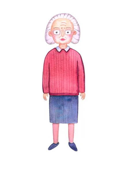 Akwarelowy Charakter Babcia Siwymi Włosami Okularach Burgundowym Swetrze Niebieska Spódnica — Zdjęcie stockowe