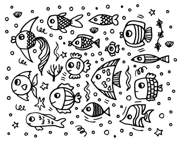 Set Cute Black Doodle Fish Vector Hand Drawn Illustration — Stock Vector