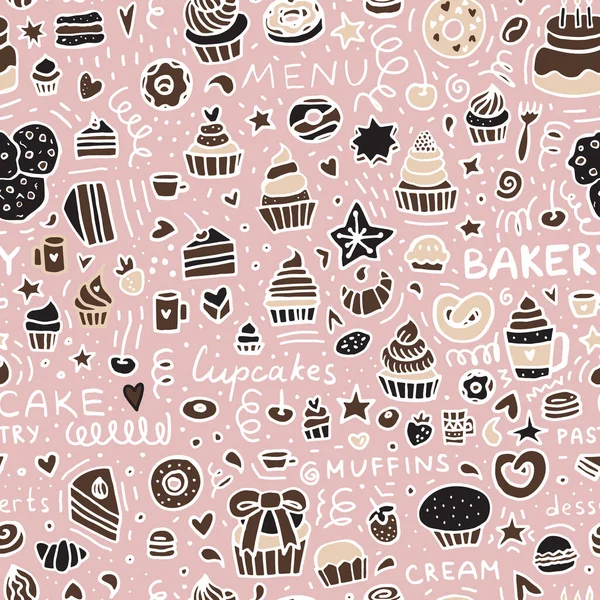 Padrão Sem Costura Bakery Doodle Sobremesa Muffins Cupcakes Pastries Bolos — Vetor de Stock