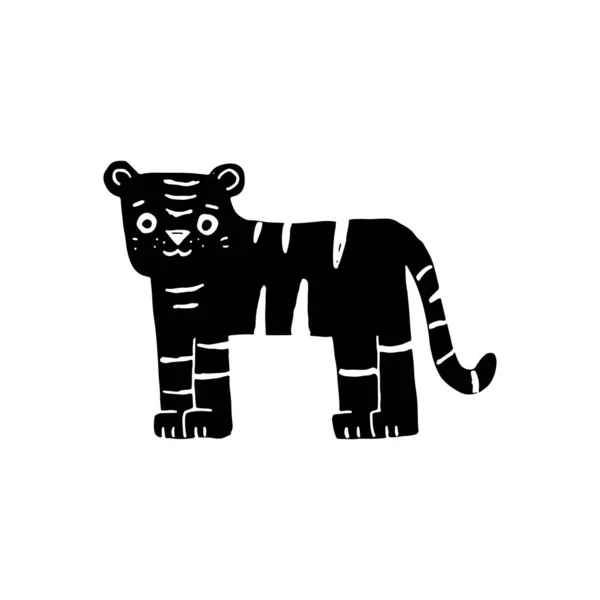 Tigre doodle preto em boné de aniversário. Desenhos animados crianças personagens em forma triangular — Vetor de Stock