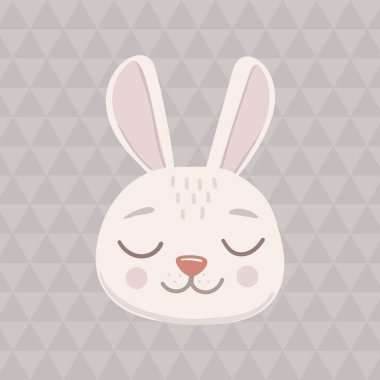 Gri tavşancık kafası ve gözleri kapalı. Sevimli çizgi film komik karakteri. Evcil bebek baskısı koleksiyonu. İskandinav stili izole edildi.