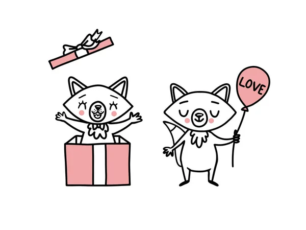 Cute doodle vector foxes with heart balloons, a gift box for holidays — Stock Vector