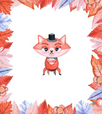 Silindir şapkalı bir tilki ile suluboya kart. Sonbahar portakal yapraklarının kare çerçevesi. Çocuksu karakter..
