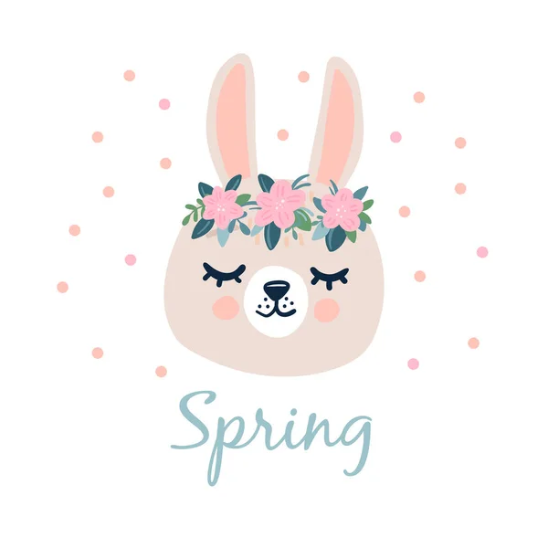 Grey bunny head with closed eyes and a wreath of flowers. Cute cartoon funny character. Scandinavian style Isolated. — Stock Vector