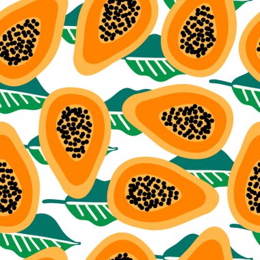 Kusursuz vektör deseni ve papaya yaprakları. Kumaş ve kağıt için modern konsept, yüzey dokuları. El çizimi düz illüstrasyon