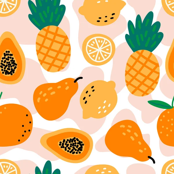 Sömlös Mönster Med Frukter Ananas Citroner Papaya Päron Orange Vit — Stock vektor