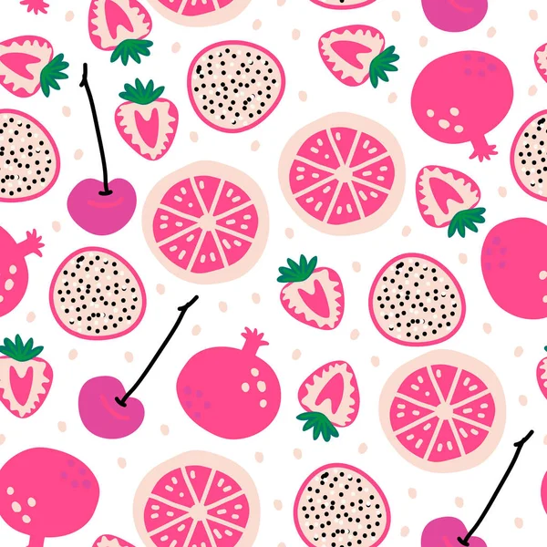 Sömlöst Mönster Med Frukt Pitaya Körsbär Jordgubbar Grapefrukt Granatäpple Vit — Stock vektor