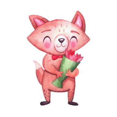 Tatil için bir buket çiçekli şirin suluboya tilki. Beyaz arka planda komik orman hayvanları karakteri.