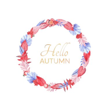 Sonbahar portakallı suluboya çerçeve ve sonbahar satışı için mavi yapraklar. Çocuk ya da bebek tasarımı, dükkan ve oda dekorasyonu için kullanılabilir. Bir tebrik kartı şablonu. Şükran Günü kartpostalı.