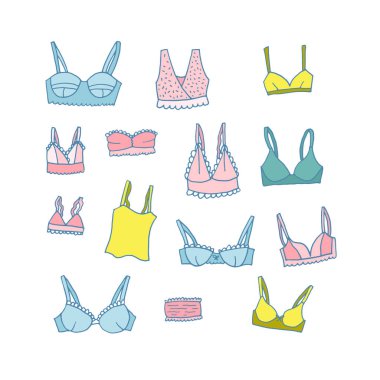 El yapımı iç çamaşırı seti. Moda feminen vektör çizimi. Seksi dantelli kadın iç çamaşırı koleksiyonu.