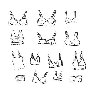 El yapımı iç çamaşırı seti. Moda feminen vektör çizimi. Seksi dantelli kadın iç çamaşırı koleksiyonu.