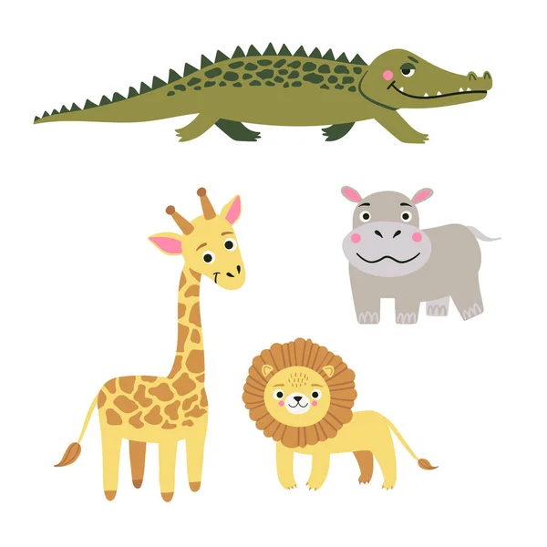 Ensemble d'animaux exotiques sauvages vivant dans la savane ou la jungle tropicale. Illustration vectorielle isolée sur fond blanc. — Image vectorielle