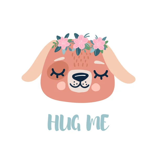 Cute Dog Wreath Flowers His Head Spring Character Lettering Hug — Stock Vector