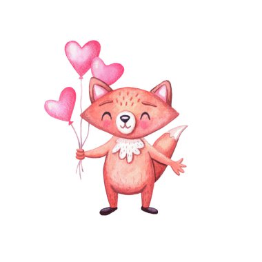 Tatillerde pembe balonlu şirin suluboya tilki. Beyaz arka planda komik orman hayvanları karakteri