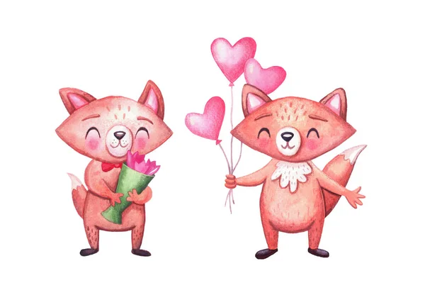 Leuke aquarel vossen met roze ballonnen en bloemen voor vakantie. Grappig bos dieren karakter. — Stockfoto