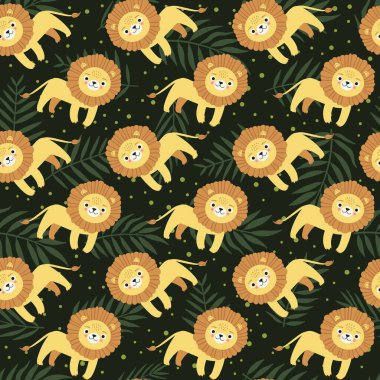 Siyah arka planda yaprakları olan şirin aslan çizgi film tasarımı. Vektör illüstrasyonu