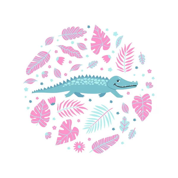 Płynny odcisk dziecka i ilustracja z krokodylem i liśćmi. Cute projekt piżamy. — Wektor stockowy