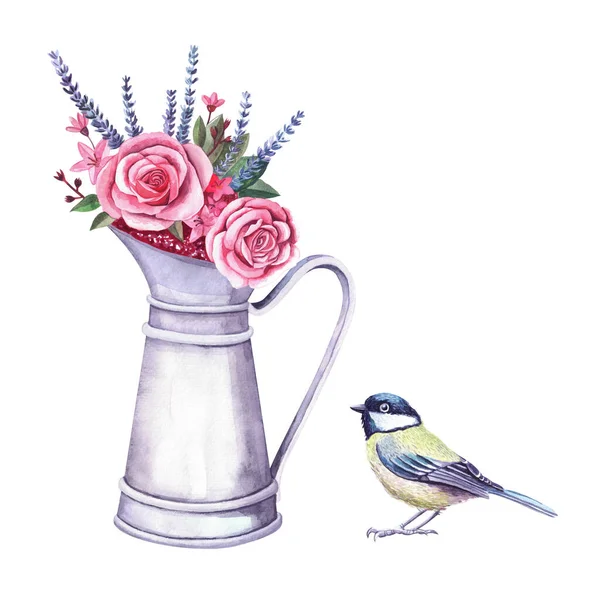 Watercolor flower arrangement in a metal pitcher and tit bird. Bouquet with roses, lovanda and berries. — Stockfoto