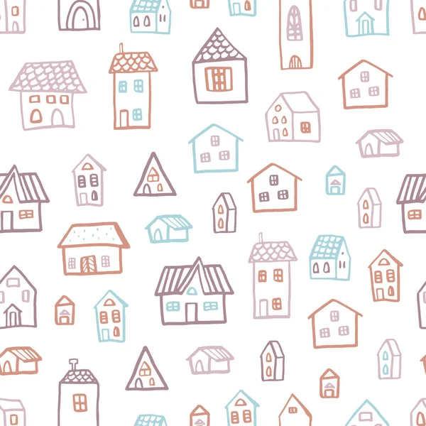 病媒无缝模式与房子的涂鸦风格 色彩艳丽的幼稚园的文雅背景 — 图库矢量图片