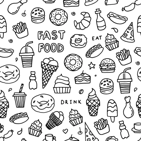 Fast Food Bianco Nero Schema Senza Soluzione Continuità Vettoriale Contesto — Vettoriale Stock