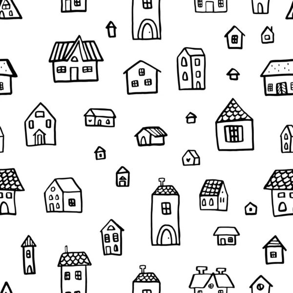 Black White Doodle Seamless Pattern Cute Houses Linear Vector Graphics — Stock Vector