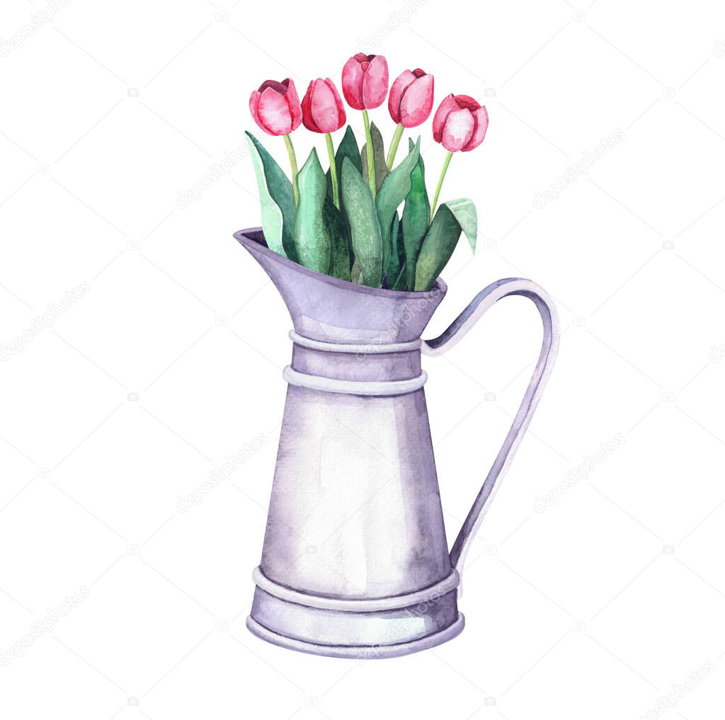 Watercolor flower arrangement in a vintage metal pitcher. Bouquet with tulips on white background. Farm and garden interior decoration