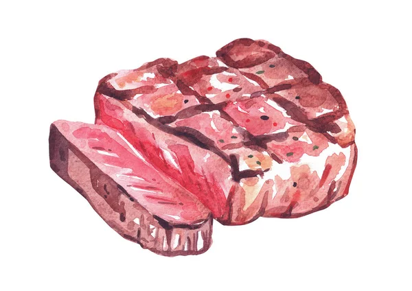 Carne Parrilla Acuarela Ilustración Dibujada Mano Aislada Sobre Fondo Blanco — Foto de Stock