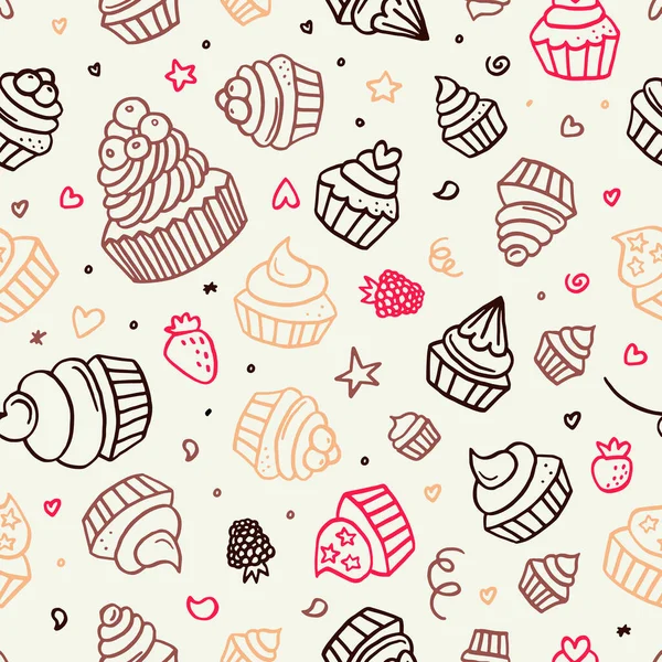 Mão Desenhado Cupcake Doodle Fundo Sem Costura Padrão Sobremesas Bagas —  Vetores de Stock